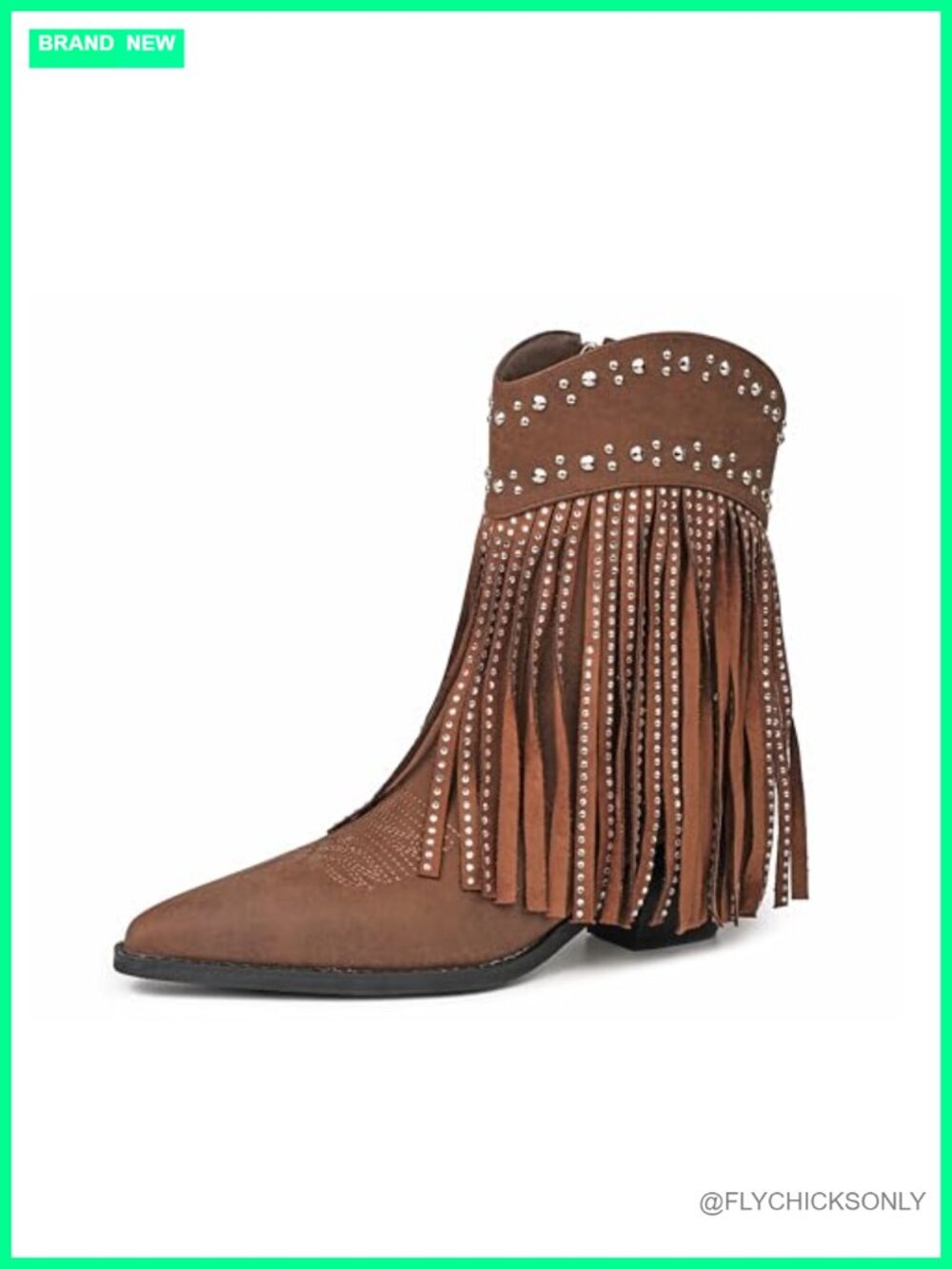 Women's Western Ankle Boots Pointed Toe Faux Leather Fringe Rhinestone